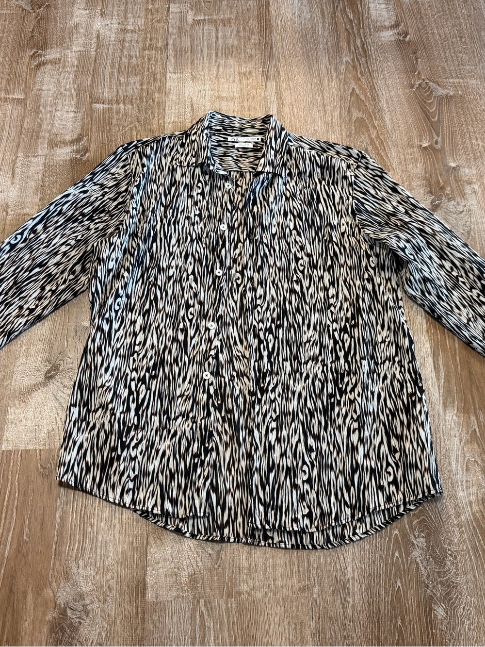 ZARA Women’s M Abstract Animal Print Button Down Shirt Black Brown Beige